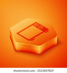 Icono isométrico del horno de microondas aislado en fondo naranja. Icono de electrodomésticos. Botón hexagonal naranja. Vector