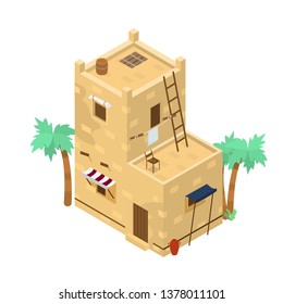 Isometric Middle Eastern Two-storey  Building With Lots Of Details. Mud Brick House. Traditional Arabic Architecture.