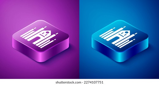 Isometric Milan Cathedral or Duomo di Milano icon isolated on blue and purple background. Famous landmark of Milan, Italy. Square button. Vector