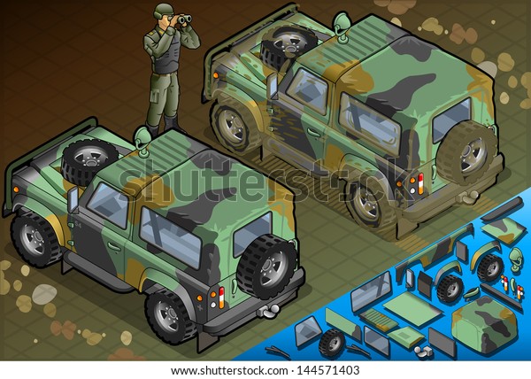 Isometric Military 4x4 Army Jeep\
with Detailed Soldier. Isometric Vector 3D 4x4 Jeep\
Illustration