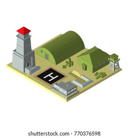 isometric. Military base with hangar, military tent, observation tower, bunker, helipad and tower. The color of green. Sand. Desert