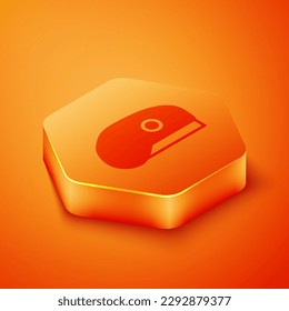 Isometric Military beret icon isolated on orange background. Soldiers cap. Army hat. War baret. Orange hexagon button. Vector