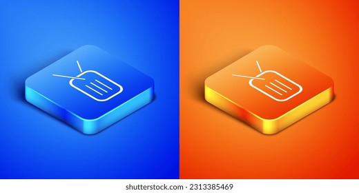 Isometric Military dog tag icon isolated on blue and orange background. Identity tag icon. Army sign. Square button. Vector