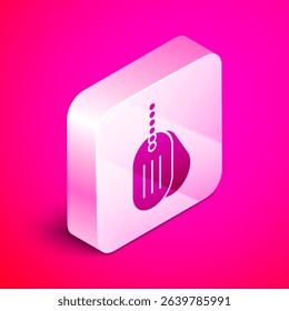 Isometric Military dog tag icon isolated on pink background. Identity tag icon. Army sign. Silver square button. Vector