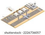 Isometric military fighter jet aircrafts, large military transport aircraft, helicopter gunship, attack helicopter parked. Military air force base army facilities with hangars