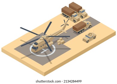 Helicóptero militar isométrico en la pista de aterrizaje y camiones militares. Fuerza Aérea de Aviación Militar