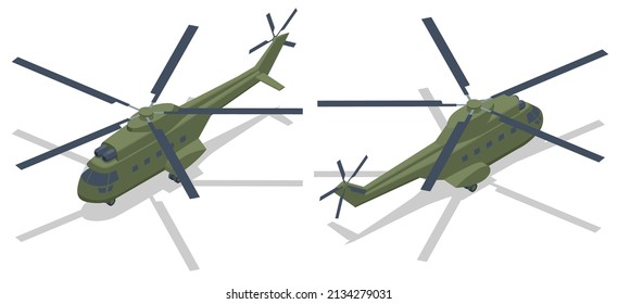 Isometric Military Helicopter Vector. Transport Helicopter. Military Aviation Air Force