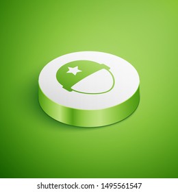 Isometric Military helmet icon isolated on green background. Army hat symbol of defense and protect. Protective hat. White circle button. Vector Illustration