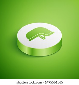 Isometric Military helmet icon isolated on green background. Army hat symbol of defense and protect. Protective hat. White circle button. Vector Illustration