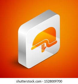 Isometric Military helmet icon isolated on orange background. Army hat symbol of defense and protect. Protective hat. Silver square button. Vector Illustration