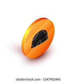 Isometric Military helmet icon isolated on white background. Army hat symbol of defense and protect. Protective hat. Orange circle button. Vector Illustration