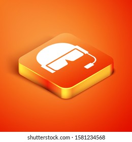 Isometric Military helmet icon isolated on orange background. Army hat symbol of defense and protect. Protective hat.  Vector Illustration