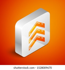 Isometric Military rank icon isolated on orange background. Military badge sign. Silver square button. Vector Illustration
