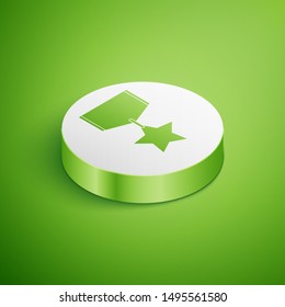 Isometric Military reward medal icon isolated on green background. Army sign. White circle button. Vector Illustration