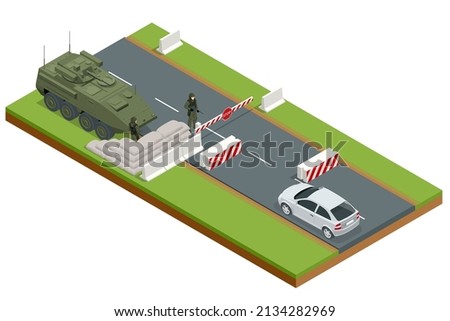 Isometric military Roadblock on the road, checkpoint, military barriers