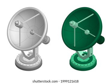 Isometric military and scientific radar, radio telescope for exploring universe and space for tracking flying objects. Ostronomical observations of stars. Realistic 3d vector
