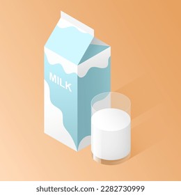 Isometric milk carton box and glass of milk. Vector illustration