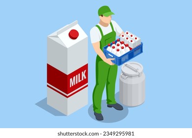 Isometric milk produce production concept. Farmer sells milk and dairy products