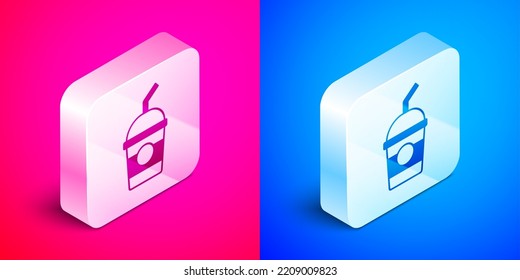 Isometric Milkshake icon aislado en fondo rosa y azul. Vaso de plástico con tapa y paja. Botón cuadrado plateado. Vector