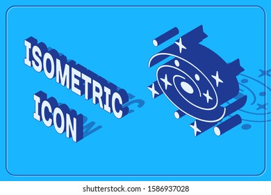 Isometric Milky way spiral galaxy with stars icon isolated on blue background.  Vector Illustration