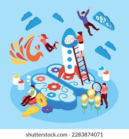 Isometric mind creative thinking composition with conceptual art icons and human characters with brains and gear vector illustration