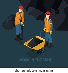 Isometric mine industry concept with miner holding drill and worker transporting coal in trolley vector illustration