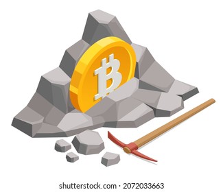 Isometric miner is digging on golden bitcoin. Devices and technology for mining cryptocurrency. Machines for mining cryptocurrency.