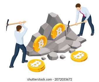 Isometric miner is digging on golden bitcoin. Devices and technology for mining cryptocurrency. Machines for mining cryptocurrency.