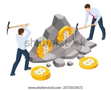 Isometric miner is digging on golden bitcoin. Devices and technology for mining cryptocurrency. Machines for mining cryptocurrency.