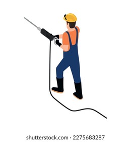 Isometric miner with drill back view vector illustration