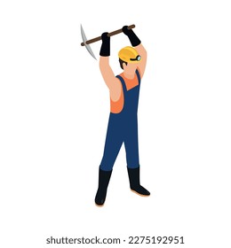 Isometric miner working with mattock 3d vector illustration