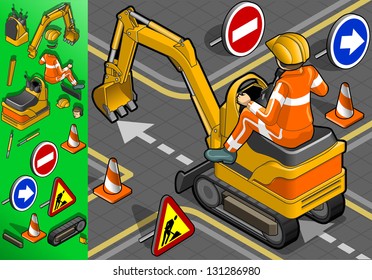 isometric mini excavator with man at work in rear view