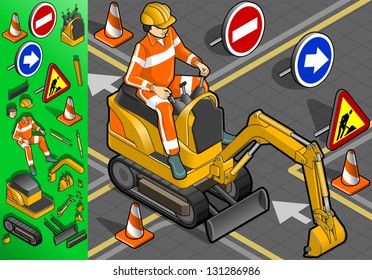 Mini excavadora isométrica con el hombre en el trabajo en la vista frontal