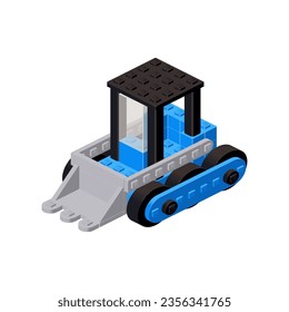 Isometric mini excavator. Toy made of plastic blocks. Pixel art. Vector illustration