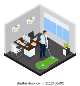 Isometric Mini Golf Template With Businessman Playing Game On Small Course In Office Vector Illustration