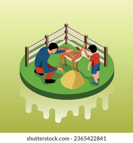 Isometric mini zoo children composition with isolated view of adult man and kid stroking roe deer vector illustration