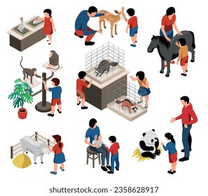 Isometric mini zoo children set with isolated compositions of faceless human characters stroking touching feeding animals vector illustration