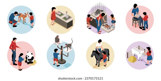 Isometric mini zoo children set of circle compositions with adults and kids watching and touching animals vector illustration