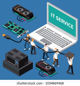 Isometric miniature concept with information technology service people at work on blue background 3d vector illustration
