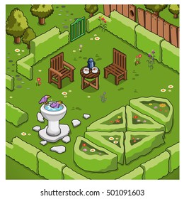 Isometric miniature garden with wooden chairs, bird bath and ornamental scrubs (vector illustration)