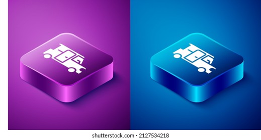 Isometric Minibus icon isolated on blue and purple background. Square button. Vector