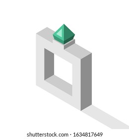 Isometric minimal gem stone ring with green jewel, emerald on white background. Jewelry, wedding, engagement and luxury concept. Flat design. EPS 8 vector illustration, no transparency, no gradients