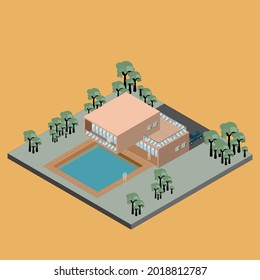Isometric of minimal modern house with pool and landscape.