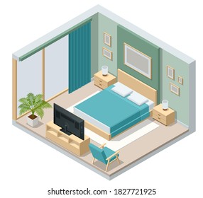 Isometric Minimalist Bedroom Interior with Double Bed. Urban Contemporary Modern Scandinavian Bedroom Interior Design.