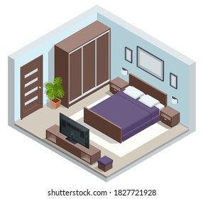 Isometric Minimalist Bedroom Interior with Double Bed. Urban Contemporary Modern Scandinavian Bedroom Interior Design.