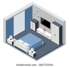 Isometric Minimalist Bedroom Interior with Double Bed. Urban Contemporary Modern Scandinavian Bedroom Interior Design.