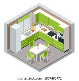 El interior de una sala de cocina minimalista isométrica con mobiliario de comedor en el suelo. Moderno interior de casa con cocina y comedor combinados.