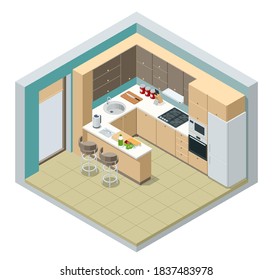 Isometric minimalist kitchen room interior with dinning furniture on a floor. Modern house interior with kitchen and dining room combination.