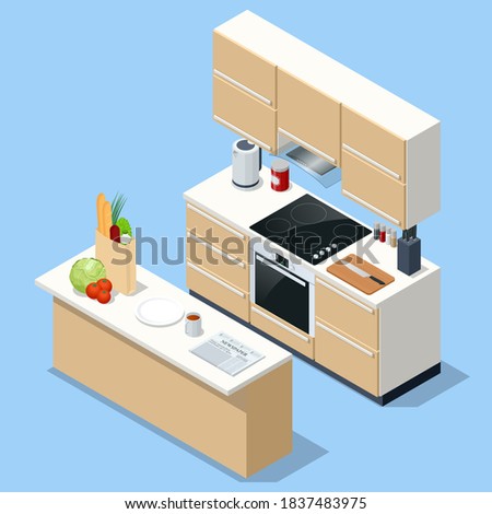 Isometric minimalist kitchen room interior with dinning furniture on a floor. Interior modern kitchen with island.