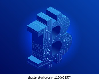 Isometric mining Bitcoin farm. Cryptocurrency, blockchain, bitcoin mining concept. Big data processing, server room rack vector illustration